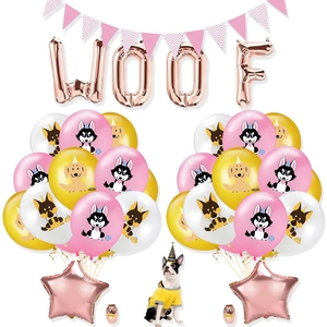 Kit décoration anniversaire chien avec ballons WOOF et ballons en latex motifs chiots