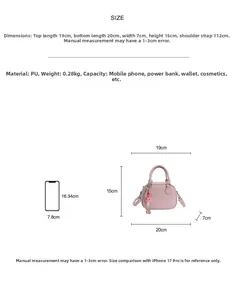 Guide des tailles du mini sac à main rose en PU avec dimensions 20x15x7cm et portable