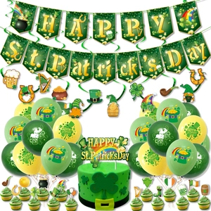 St Patrick Day Party Decoration Set Irish Festival Green Shamrock Banner Latex Balloons Cake Topper Hanging Swirls Party Supplies