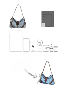Blue denim shoulder bag with brown leather trim and metal star charm showing daily storage capacity