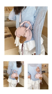 Pink rivet shell handbag shown in crossbody and handheld styles with bear charm