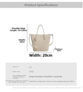 Tableau des tailles pour sac seau en cuir PU crème avec dimensions et bandoulière
