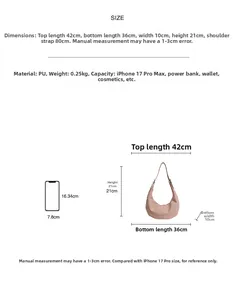 Größentabelle für große PU-Schultertasche mit Maßen und iPhone-Größenvergleichsanzeige