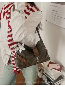 Detail view of vintage brown canvas handbag featuring leather trim and silver star charms