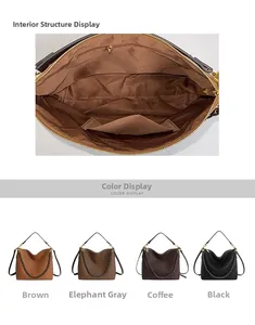 Detail view of large leather tote bags with interior pockets and multiple color options
