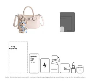 Detaillierte Kapazitätsanzeige einer beigen Handtasche passend für iPad und Mobiltelefon