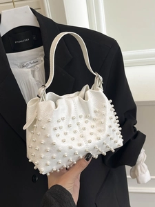 Women Artificial Pearl Bucket Bag Glossy PU Leather Pleated Shoulder Crossbody Bag Elegant Chic Handbag For Daily Party Dating Lady Bag