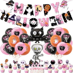Kit de decoración de Halloween rosa y negro con globos de calavera y pancarta