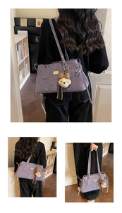 Three-way view of purple matte PU leather tote bag with a cute bear charm and bow detail