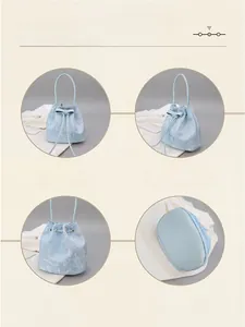 Vues multiples du sac seau bleu clair avec broderie florale, cordon à nœud et détails du fond