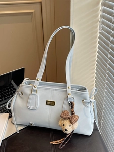 Korean Minimalist Women Large Capacity PU Leather Shoulder Bag Solid Color Underarm Tote Bag With Bear Plush Charm For Commute