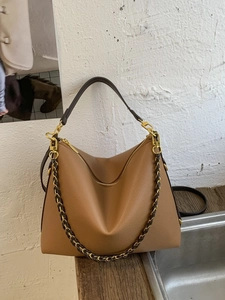 Brown lychee leather Hobo bag with stylish gold chain strap and large capacity