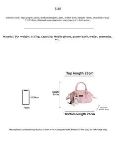 Guide des tailles du sac Boston rétro rose avec texture cuir PU et dimensions