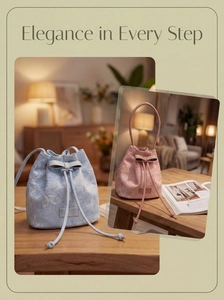 Detailed embroidery and bow knot closure on pastel blue and pink bucket bags