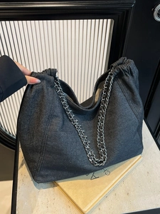 Large capacity denim tote bag with silver chain straps and casual pleated design