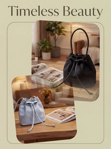 Detail of floral lace bucket bags with elegant drawstring bows in black and blue colors