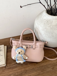 Damen Mode PU Leder Schultertasche Lychee Textur Nähte Handtasche Mit Bär Anhänger Umhängetasche Retro Minimalistische Handtasche