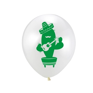 White latex balloon with a cartoon cactus playing guitar in a Mexican party style