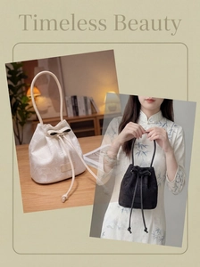 Detail view of jacquard bucket bags with bow drawstring and elegant embroidery detail
