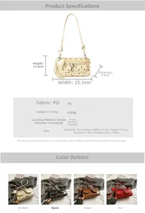 Detailed size chart for polka dot shoulder bag with four color options and strap length
