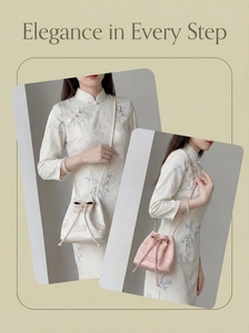 Detail of embroidered mini bucket bags in cream and pink with bow accents and floral texture