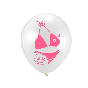 Close-up of a white latex balloon with pink bikini prints for summer party decorations