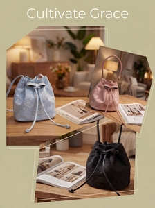 Three-piece layout of lace bucket bags in blue pink and black with embroidery