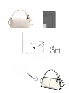 Detail showing white PU shoulder bag capacity with phone, wallet and daily essentials