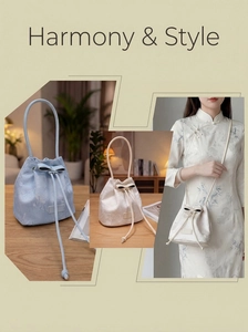 Detail of New Chinese style bucket bag with floral jacquard and bow drawstring closure