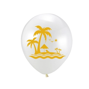 Detailed view of a white latex balloon with a yellow tropical island palm tree pattern