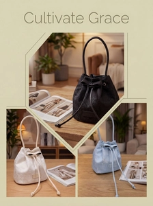 Detailed trio of jacquard bucket bags with bow decor and drawstring in three colors