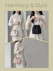 Detailed embroidery texture and floral patterns on vintage style bucket bags