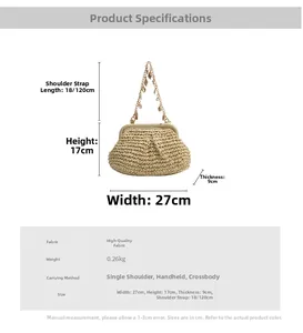Detailed size specifications for hollow shell straw woven beach bag with gold chain strap