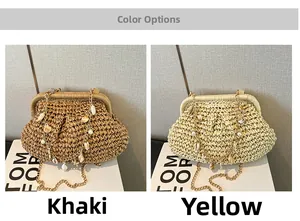 Detail of straw woven shell bags in khaki and yellow with pearl and seashell chain straps