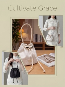 Detail of floral jacquard embroidery and elegant bow drawstring on new Chinese bucket bag