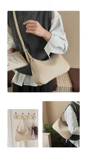 Three-angle view of a beige pebble leather hobo bag worn as a minimalist underarm shoulder bag
