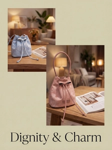 Close-up of floral lace texture and leather drawstring on mini bucket handbags