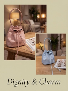 Detail of lace embroidery on pink and blue bucket bags with elegant drawstring closure