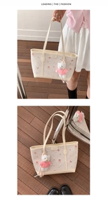 Detail of cream tote bag with cartoon bear pendant and soft pink strawberry prints