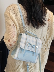 Women Fashion Plaid Bowknot Backpack Mini PU Leather Square Student Crossbody Bag Casual Handbag School College Style Travel Pack