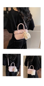Pink tote bag with plush bunny charm shown on shoulder and crossbody in three views