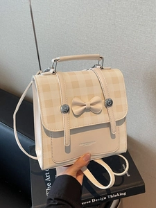 Chic cream checkered backpack with bow detail and leather lettering for women