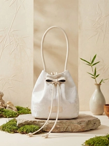 New Chinese Style Floral Jacquard Bucket Bag For Women Vintage Drawstring Shoulder Bag With Bow Decoration Elegant Bag