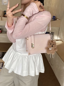 Classic retro pink crossbody bag with cute plush bear pendant and golden metal clasp