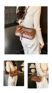 Detailed views of brown polka dot shoulder bag with heart pendant and tassel accents