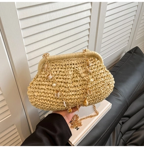 Detail of hand-woven straw shell bag with pearl and seashell gold chain strap