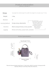Size chart showing dimensions and technical specifications for the purple PU bucket bag