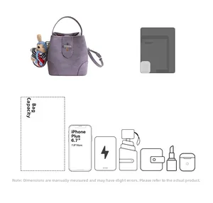 Detailed capacity view of purple bucket bag showing fit for phone and accessories