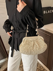 Chic beige crochet shell bag with pearl and shell gold chain strap for beach vacations