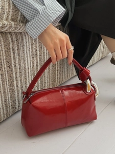 Vintage PU Leather Shoulder Bag For Women Fashion Knot Handbag With Large Metal Ring Elegant Crossbody Boston Bag Solid Color